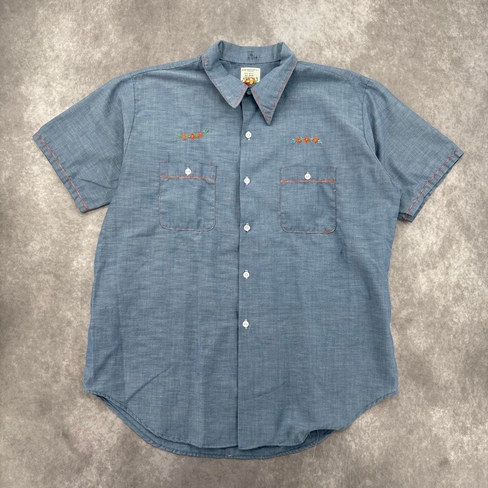 Vintage Big Mac Chambray Short Sleeve Floral Embroidered Button Up Shirt Size XL